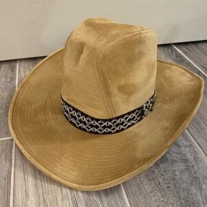 Vintage YA Cowboy Western Hat M 7-7 1/8 Camel Brown Faux Suede Black/Tan Band
